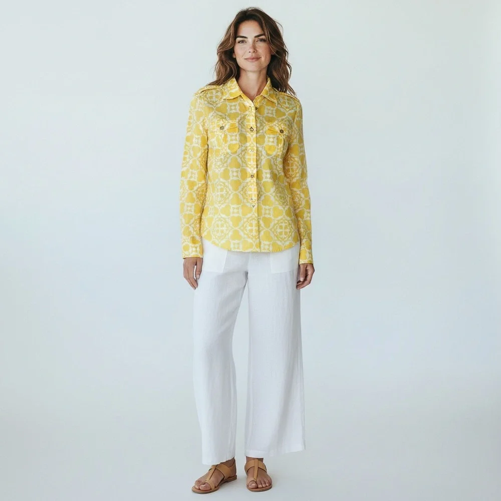 Tory Burch Lightweight Yellow Print Button Down Blouse Cotton Size 6 - Picture 2 of 5